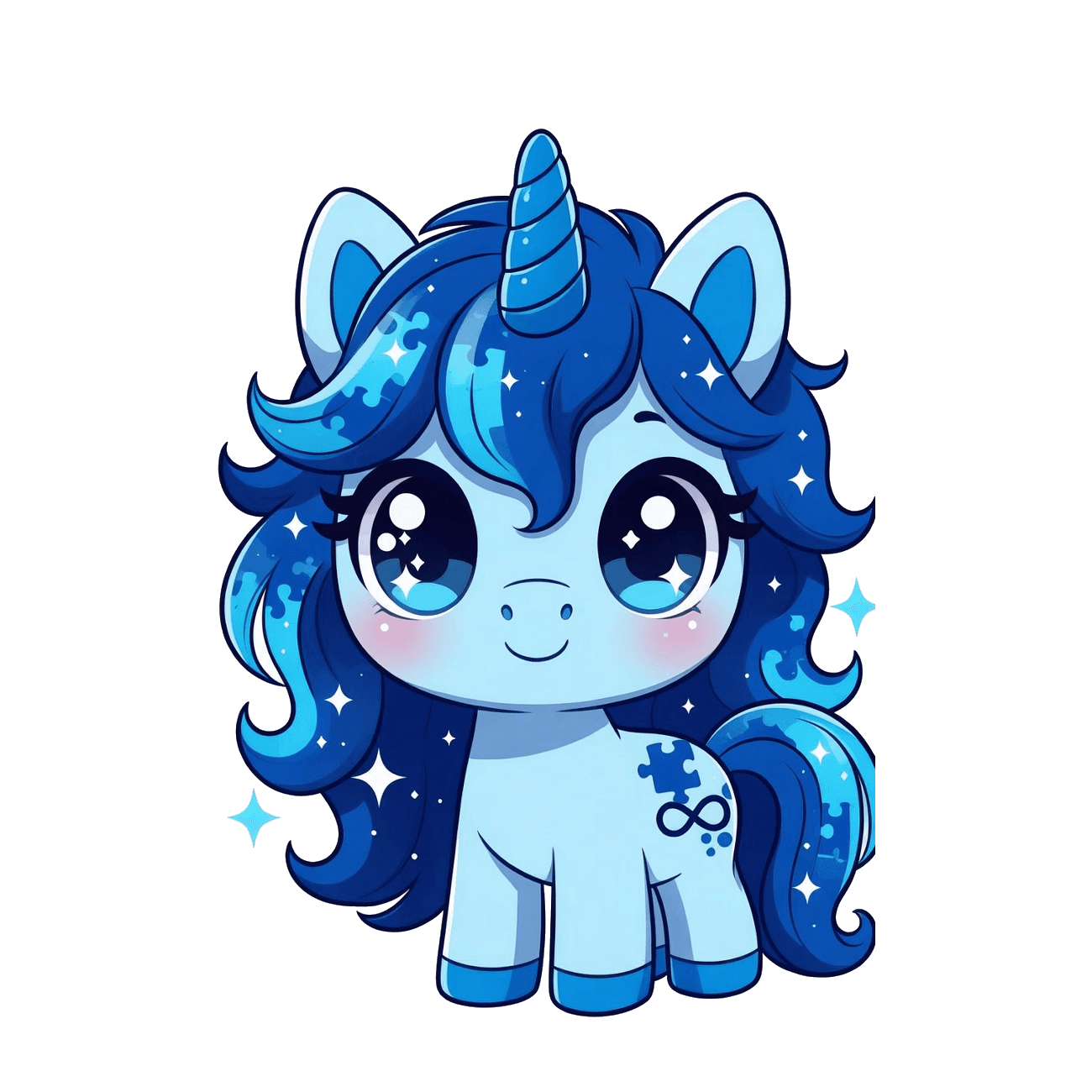 The meftie: a baby blue unicorn with big sparkly eyes, a spiral horn and puzzle pieces in its mane